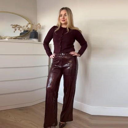 Street Sequin Pants Women Loose High Waist Wide Legs Shiny Trousers Female 2025 Spring Fashion Straight Chic Streetwears Lady