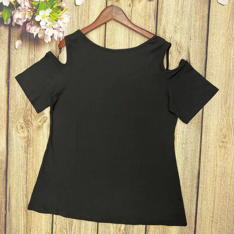 2024 new hot drill off-shoulder large size short sleeve T-shirt women's top
