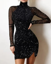 Summer New Women's Solid Color Rhinestone Turtleneck Dusting Powder Slim Long Sleeve Dress