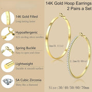 Fansilver S925 Silver Earrings 14K Gold Plated Large Hoop Earrings for Women Elegant Vintage Lightweight Thin Big Hoops Set