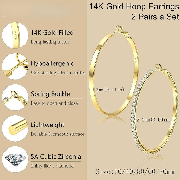 Fansilver S925 Silver Earrings 14K Gold Plated Large Hoop Earrings for Women Elegant Vintage Lightweight Thin Big Hoops Set