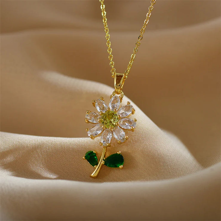 Titanium Steel Sunflower Necklace with Micro Pave Setting Green Leaves and Zircon Stones