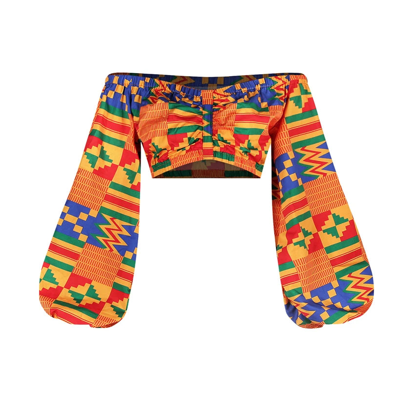 Conjunto de dos piezas con estampado étnico para mujer, top sexy de manga corta con cuello oblicuo y un hombro descubierto y falda larga de cintura alta.