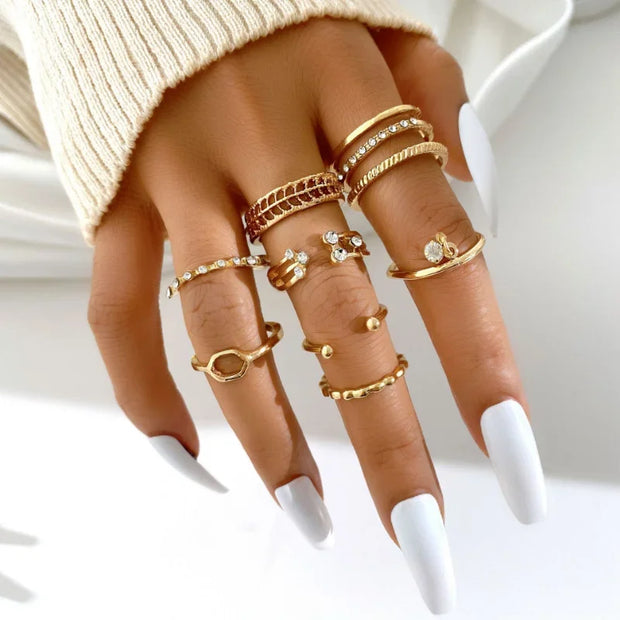 Boho Gold Color Heart Rings Set For Women Vintage Geometric Cross Pearl Butterfly Finger Rings Female Trendy Jewelry Gift