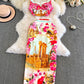 Fashion Summer Holiday Flower Two Piece Set Women Sexy Crops Tops Midi Skirts Suits 2pcs Outfits Long Pencil Skirts