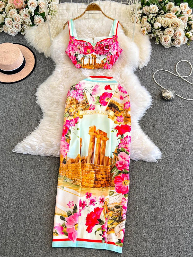 Fashion Summer Holiday Flower Two Piece Set Women Sexy Crops Tops Midi Skirts Suits 2pcs Outfits Long Pencil Skirts