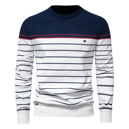 AIOPESON - Suéter de algodón con cuello redondo para hombre, nuevo, a rayas, informal, para otoño e invierno, de alta calidad, tejido para hombre