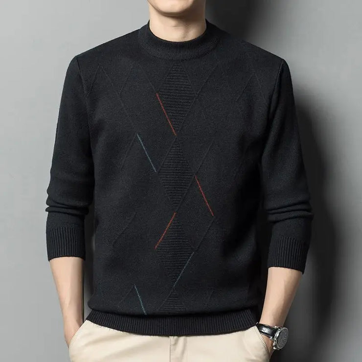 Autumn Winter Fashion High End Thickened Round Neck Sweater Men's Smart Casual Loose Versatile Patchwork Knitted Long Sleeve Top