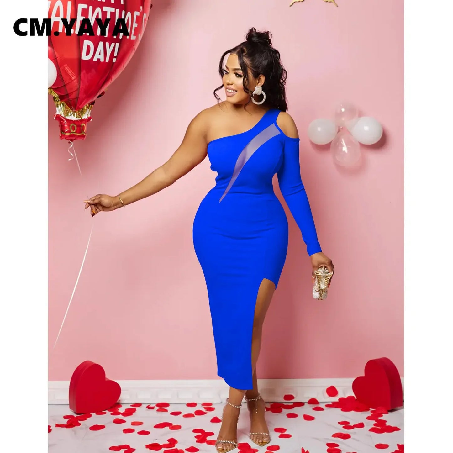 CM.YAYA Women Mesh Patchwork Cutout Shoulder One Long Sleeve Bodycon Midi Maxi Long Dress 2023 Club Evening Sexy Party Dresses