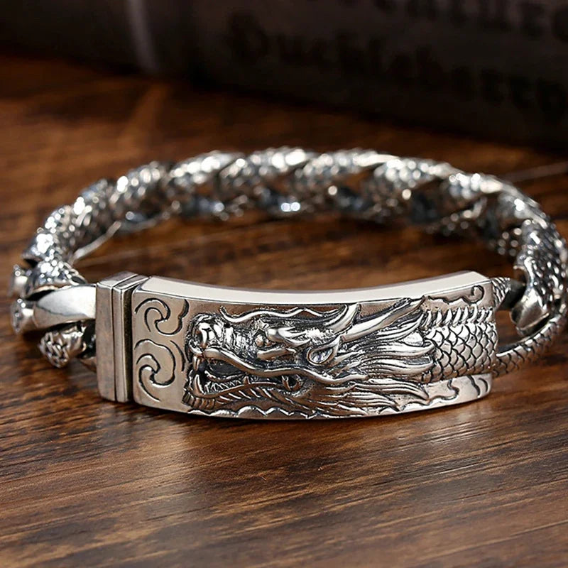 FoYuan Thai Silver Handmade Bracelet Male Domineering Dragon Head Bracele Fashion Retro Chinese Style Hip-Hop Punk Jewelry