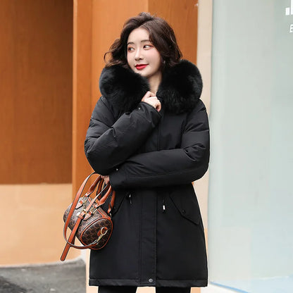 Parka longue tendance pour femme, manteau en laine, doublure à capuche, nouvelle veste d'hiver 2023, slim avec col en fourrure, vêtements chauds et rembourrés