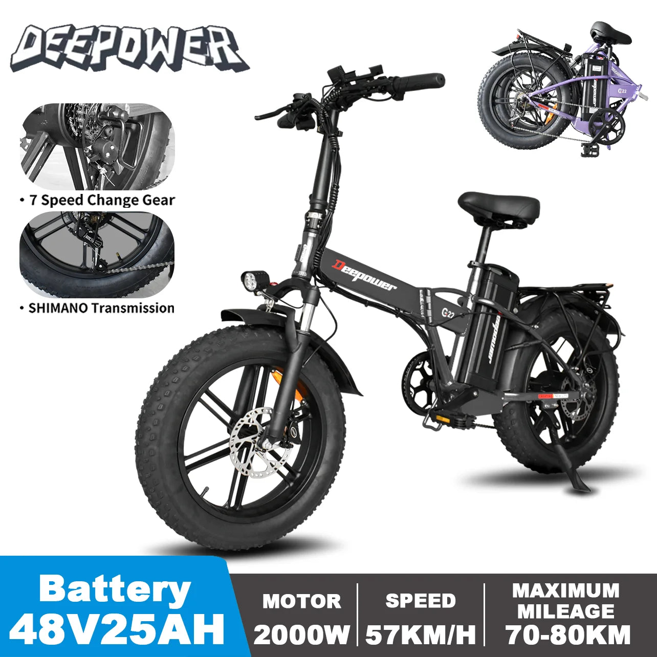 DEEPOWER G22 Electric Bicycle 2000W 48V 35AH 20Inch Fat Tire Electric Bike Folding Mountain Ebike Outdoor Adult Off-Road Bicycle