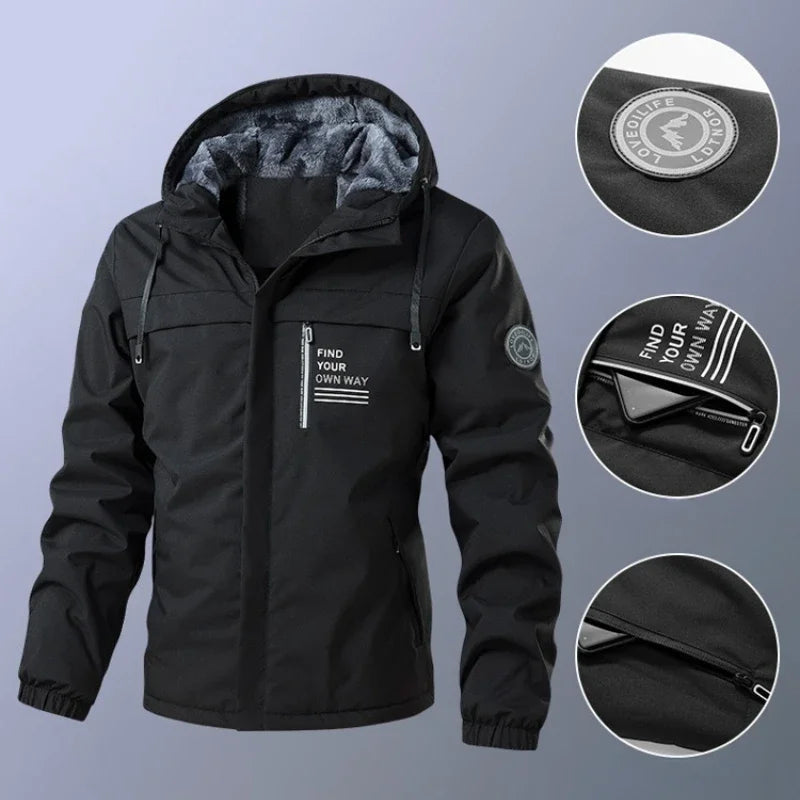 Chaquetas de aviador con capucha UETEEY para hombre, senderismo, caza, cortavientos, forro polar grueso y cálido, ropa de ocio para hombre, ropa de trabajo al aire libre 2024