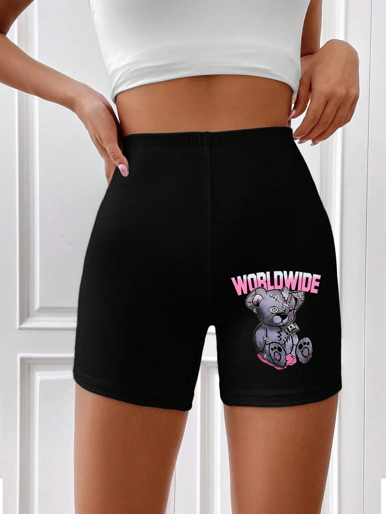 Cute Little Bear Printing Women Elastic Pants Hip Hop Breathable Shorts Street Summer Tight Pants Casual Oversize Sports Pants