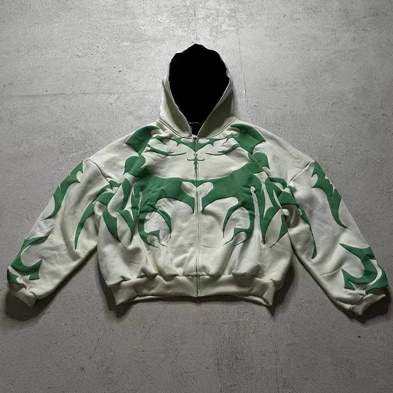 American fashion brand dark style pattern oversized hoodie men's Y2K street hip-hop Harajuku loose zipper sweatshirt women's
