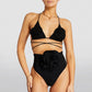 Women's Solid Color Bikini Set Hanging Neck Chest Flower Decoration Crisscross Bandage Swimwear Summer High Waist Bathing Suit