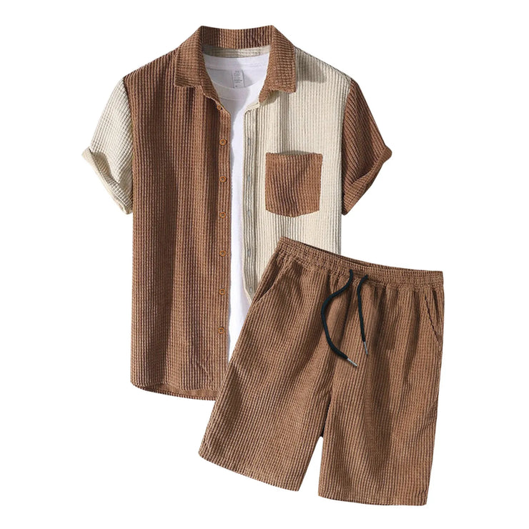 Male Corduroy Summer Sets Beach Short Sleeve Shirt Patchwork Drawstring Shorts Set With Pocket Men Suits Conjuntos De Hombre