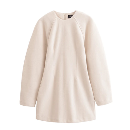 European and American style autumn and winter new round neck bubble long sleeve slim hip dress female fashion all-match casual d