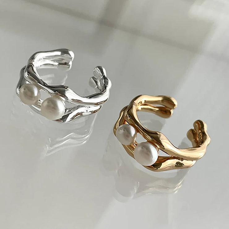 Foxanry Silver Color Pearl Rings for Women New Fashion Simple Double-layered Geometric Handmade Party Jewelry Gifts серьга