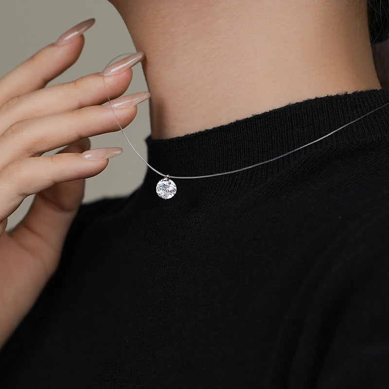 2025 New 2CT 8MM Round Moissanite Pendant Necklace Silver 925 Invisible Fishing Line Chain Necklaces for Women 0.5CT 1CT Diamond
