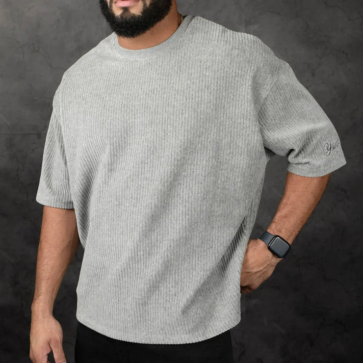 New Fitness Sports Exercise Men's Corduroy Loose T-shirt Summer Crewneck Cotton Running Loose Short Sleeve