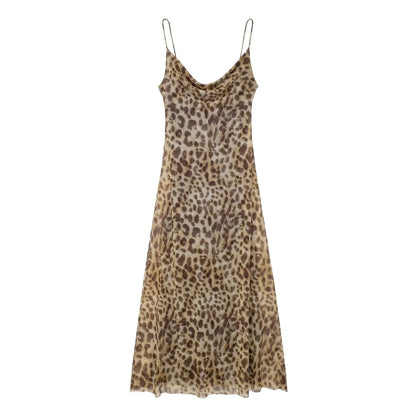 TRAFZA Femmes Mode Imprimé Léopard Robe En Tulle Sexy Dame Dos Nu Slip Robe Sans Manches Femme Soirée Robe Longue Vestidos