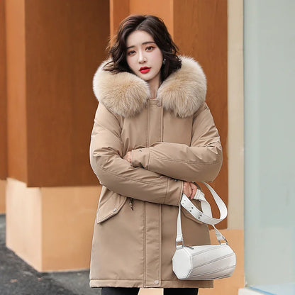 Parka longue tendance pour femme, manteau en laine, doublure à capuche, nouvelle veste d'hiver 2023, slim avec col en fourrure, vêtements chauds et rembourrés