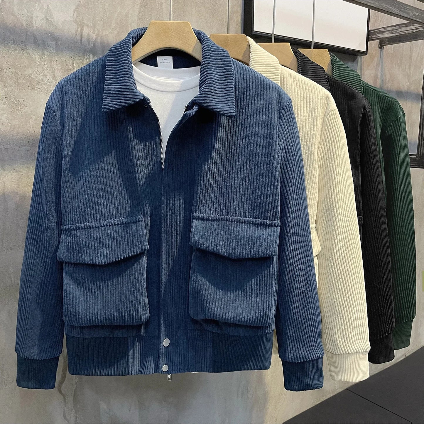 Men's Solid Color Warm Lapel Corduroy Cropped Top Casual Trendy Jacket Korean Style Loose Fit Large Pocket