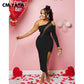 CM.YAYA Women Mesh Patchwork Cutout Shoulder One Long Sleeve Bodycon Midi Maxi Long Dress 2023 Club Evening Sexy Party Dresses