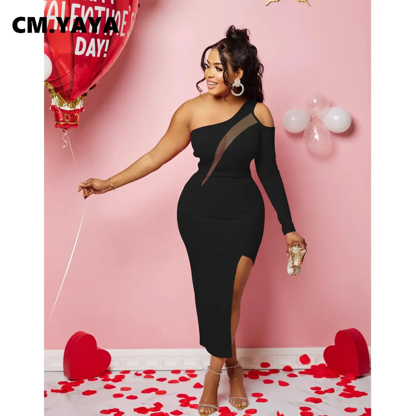 CM.YAYA Women Mesh Patchwork Cutout Shoulder One Long Sleeve Bodycon Midi Maxi Long Dress 2023 Club Evening Sexy Party Dresses