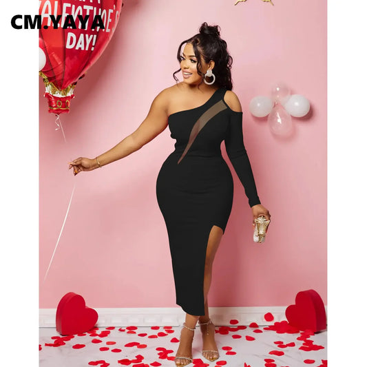 CM.YAYA Women Mesh Patchwork Cutout Shoulder One Long Sleeve Bodycon Midi Maxi Long Dress 2023 Club Evening Sexy Party Dresses