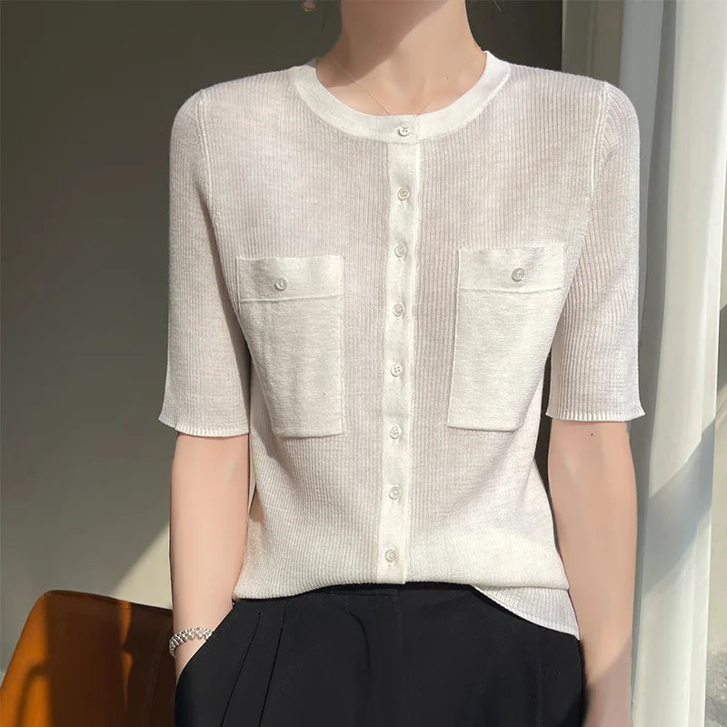 Women's Summer Round Neck Solid Color Fashion Slim Fit Fine Imitation Wool Knitted Short Sleeve Pocket Cardigan T-Shirt Top