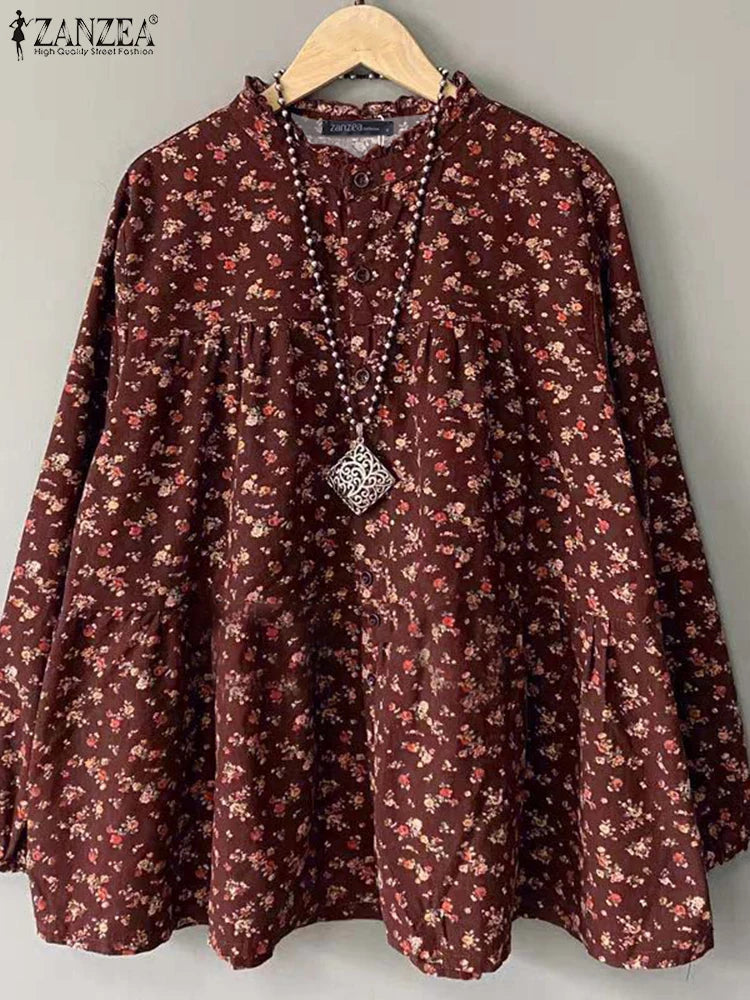 Vintage Long Sleeve Blusas Retro ZANZEA Causal Floral Printing Blouse Holiday Ruffles Neck Tops 2024 Autumn Loose Shirts Femme