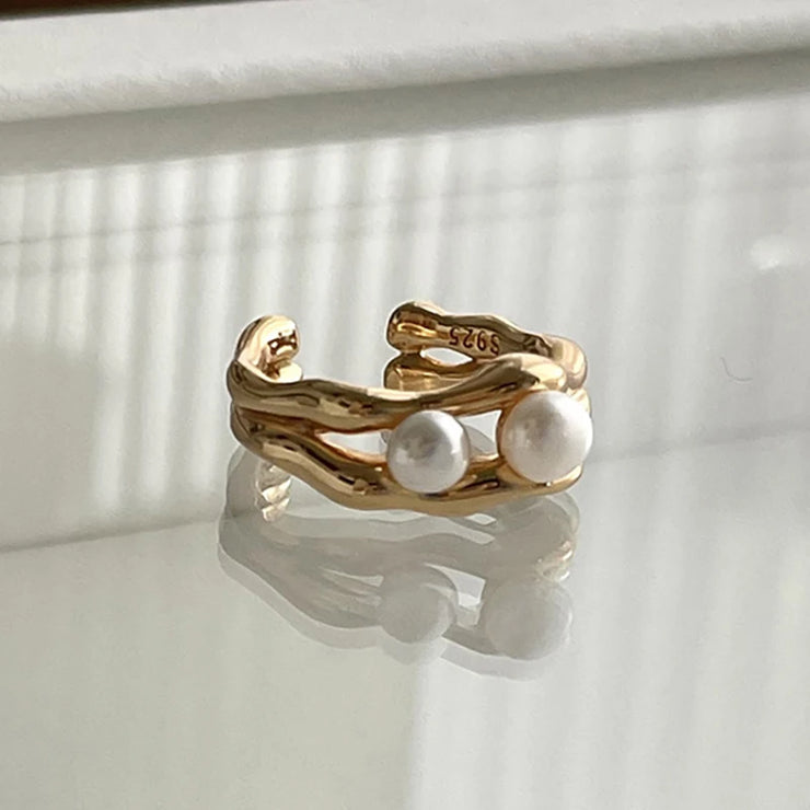 Foxanry Silver Color Pearl Rings for Women New Fashion Simple Double-layered Geometric Handmade Party Jewelry Gifts серьга
