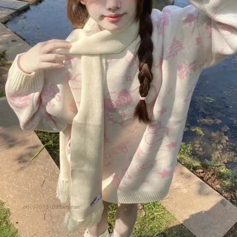 Suéter de punto navideño de Hello Kitty con bufanda para mujer, estilo Y2k, Sanrio, con dibujos animados, informal, holgado, de punto