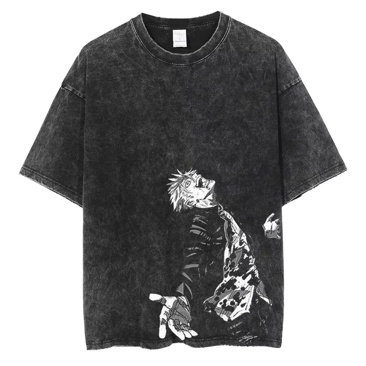 Men Streetwear Washed Acid Oversized T Shirt Japanese Anime Retro Worn Graphic Print T-Shirt Summer Cotton Short Sleeve Tees
