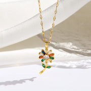 Titanium Steel Sunflower Necklace with Micro Pave Setting Green Leaves and Zircon Stones