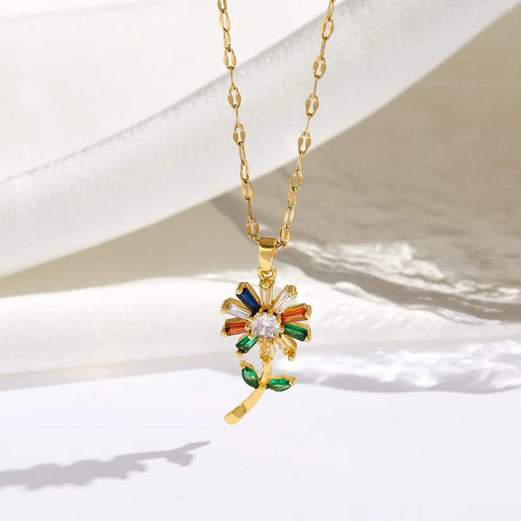 Titanium Steel Sunflower Necklace with Micro Pave Setting Green Leaves and Zircon Stones