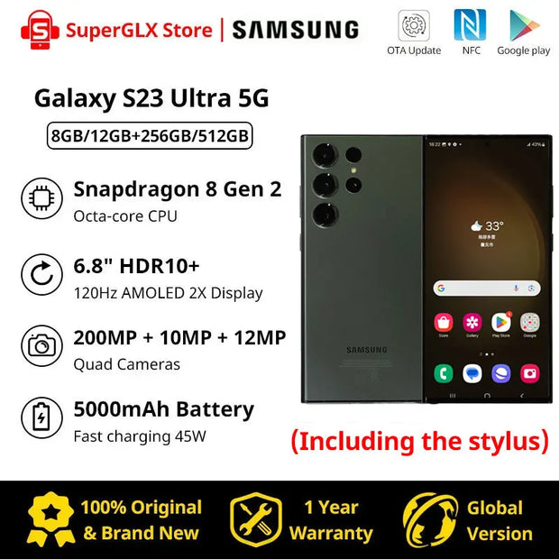 New Samsung Galaxy S23 Ultra 5G Mobile Phone 256GB/512GB Snapdragon 8 Gen 2 120Hz AMOLED 2X Display Android13 45W Fast Charging