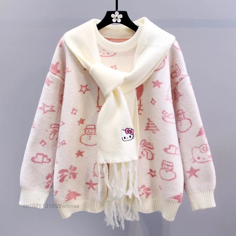 Suéter de punto navideño de Hello Kitty con bufanda para mujer, estilo Y2k, Sanrio, con dibujos animados, informal, holgado, de punto