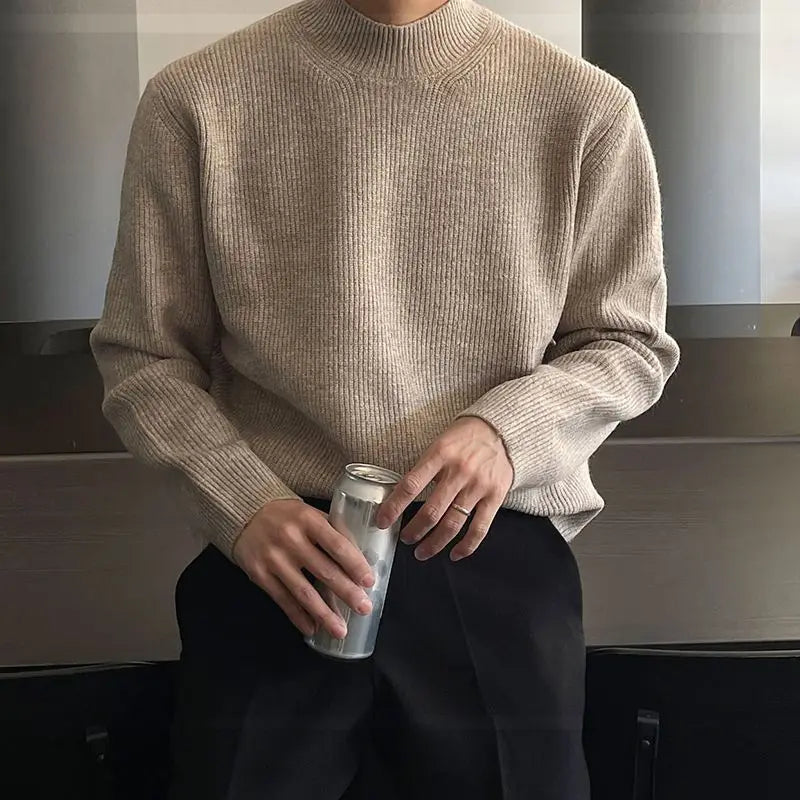 Autumn Winter Fashion Half High Collar Long Sleeve Solid Pullovers Men's Clothing Korean Bottoming Shirt All-match Knitting Tops