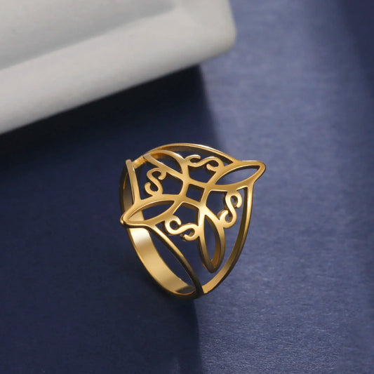Skyrim Witch Knot Ring Stainless Steel Gold Color Witchcraft Amulet Protection Finger Rings Wiccan Cross Celtics Knot Jewelry