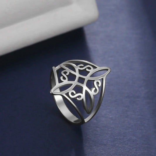 Skyrim Witch Knot Ring Stainless Steel Gold Color Witchcraft Amulet Protection Finger Rings Wiccan Cross Celtics Knot Jewelry