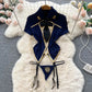 Spring Summer Sexy Lace Mesh Classical Metal Buckle With Hairball Jumpsuit Single-Breasted Eastern Style Stand Collar Bodysuit