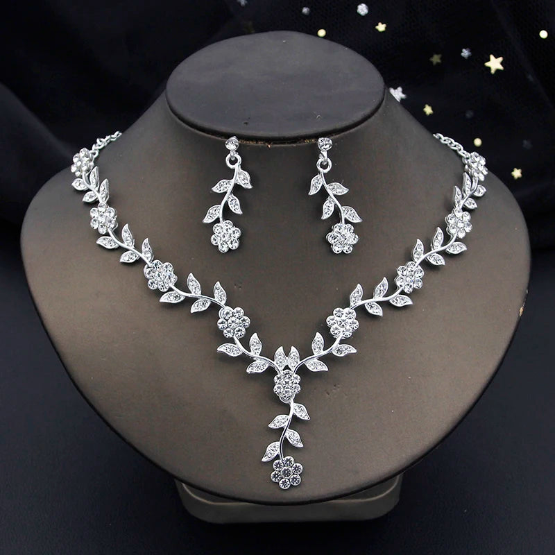 Rhinestones Flower Choker Necklace Earrings Set for women bridal Wedding Party Jewelry Set Fashion