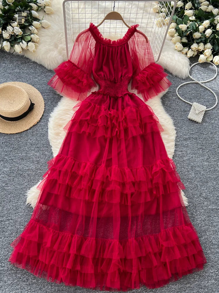 SINGREINY Elegante Vestido de Malla con Mangas Acampanadas y Hombros Descubiertos, Fruncido, Sólido, para Mujer, Otoño, Vestidos de Fiesta de Lujo para Personas Mayores