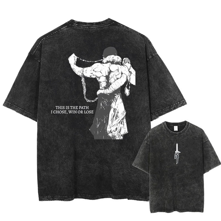 Men Streetwear Washed Acid Oversized T Shirt Japanese Anime Retro Worn Graphic Print T-Shirt Summer Cotton Short Sleeve Tees