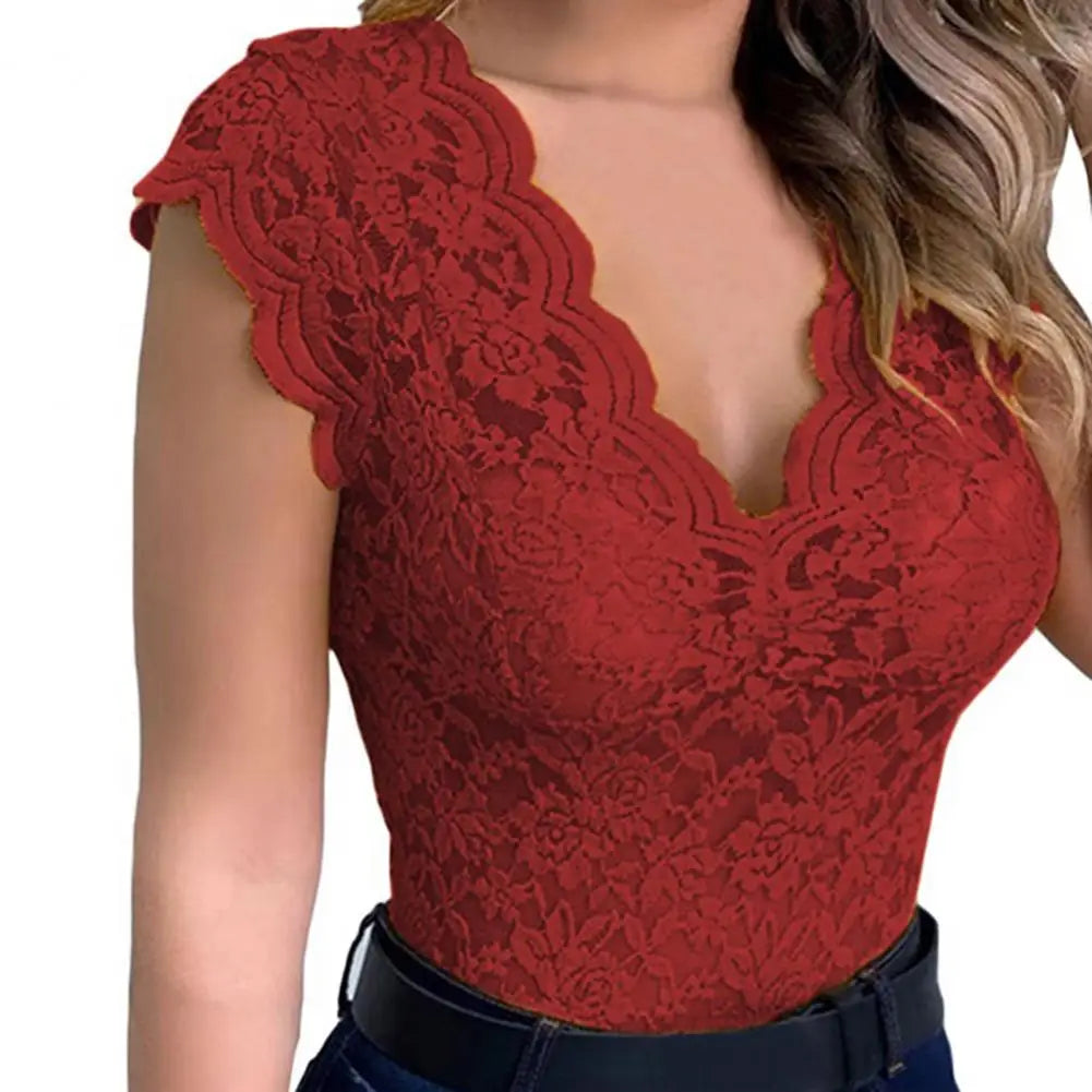 V-neck Sleeveless Tunic Top See-through Floral Lace Hollow Summer Blouse Streetwear