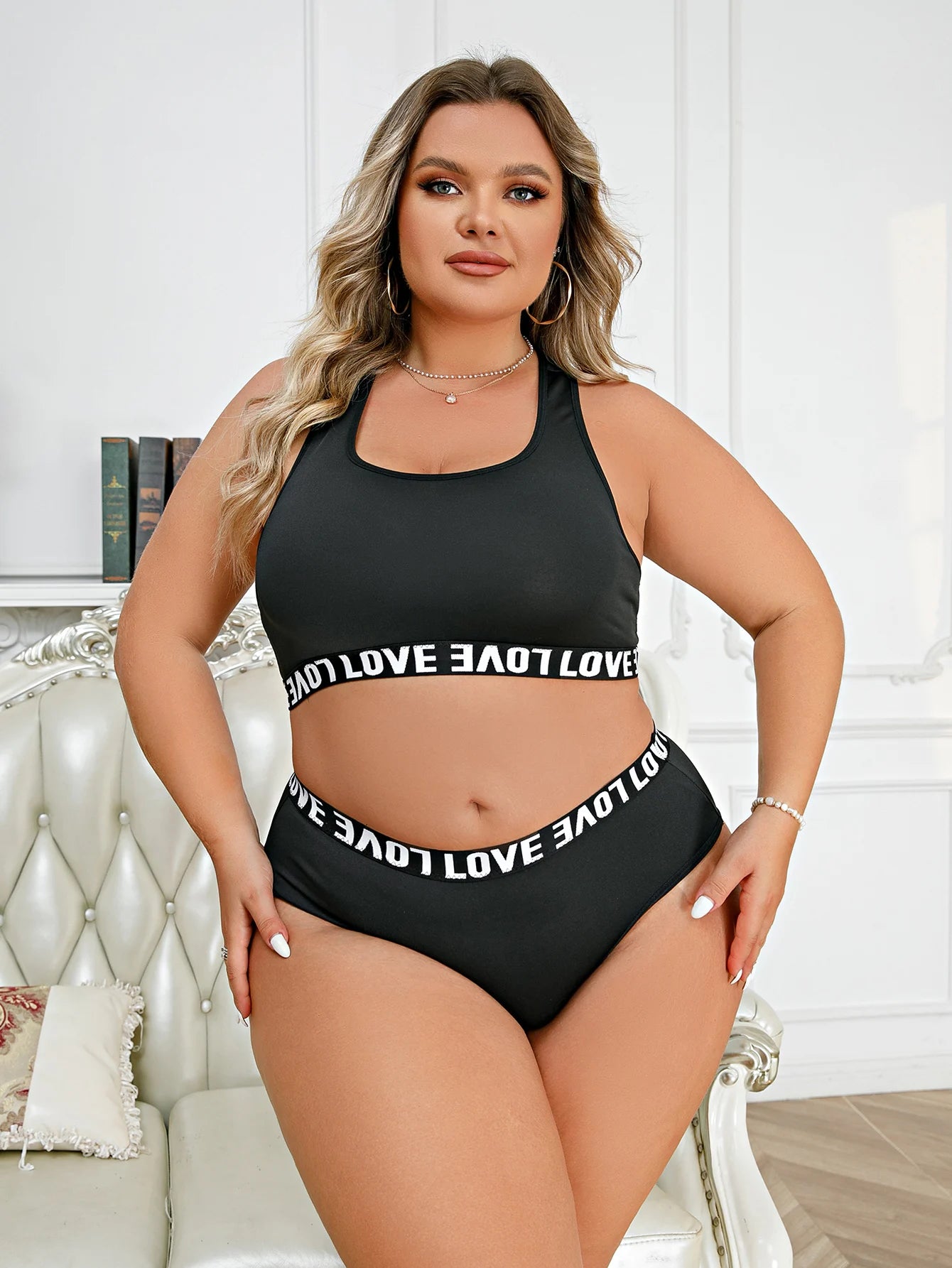 2Pcs Plus Size Casual Lingerie Set Women's Plus Letter Tape Racer Back Seamless Wire Free Bra Underwear