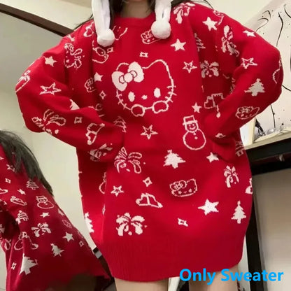 Suéter de punto navideño de Hello Kitty con bufanda para mujer, estilo Y2k, Sanrio, con dibujos animados, informal, holgado, de punto
